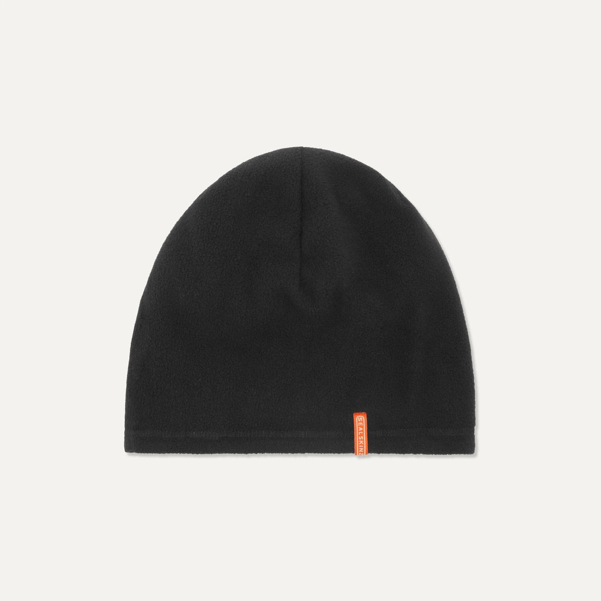 Sealskinz Winterton Wendemütze in Schwarz – Vorderansicht mit orangem Label