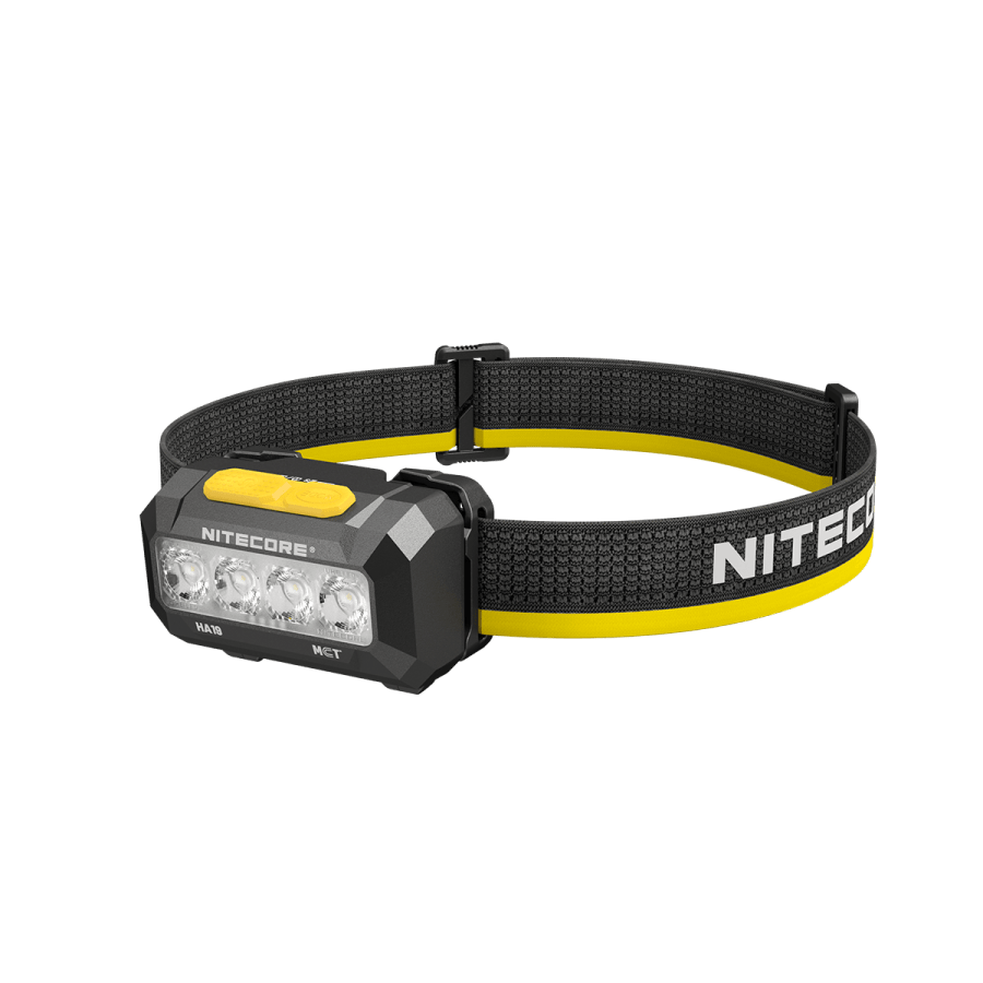 Nitecore HA19 in zwart – lamp met hoofdband, schuin van voren
