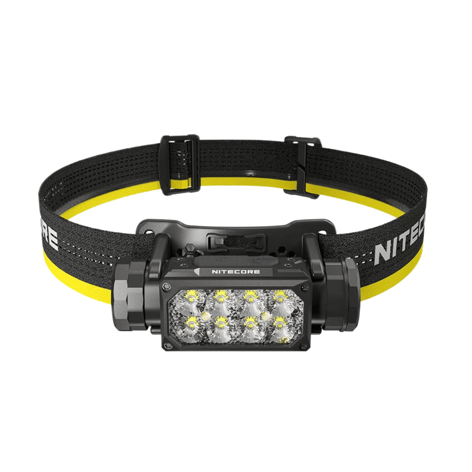 Nitecore HC65 UHE – Vorderansicht mit acht LEDs und Stirnband