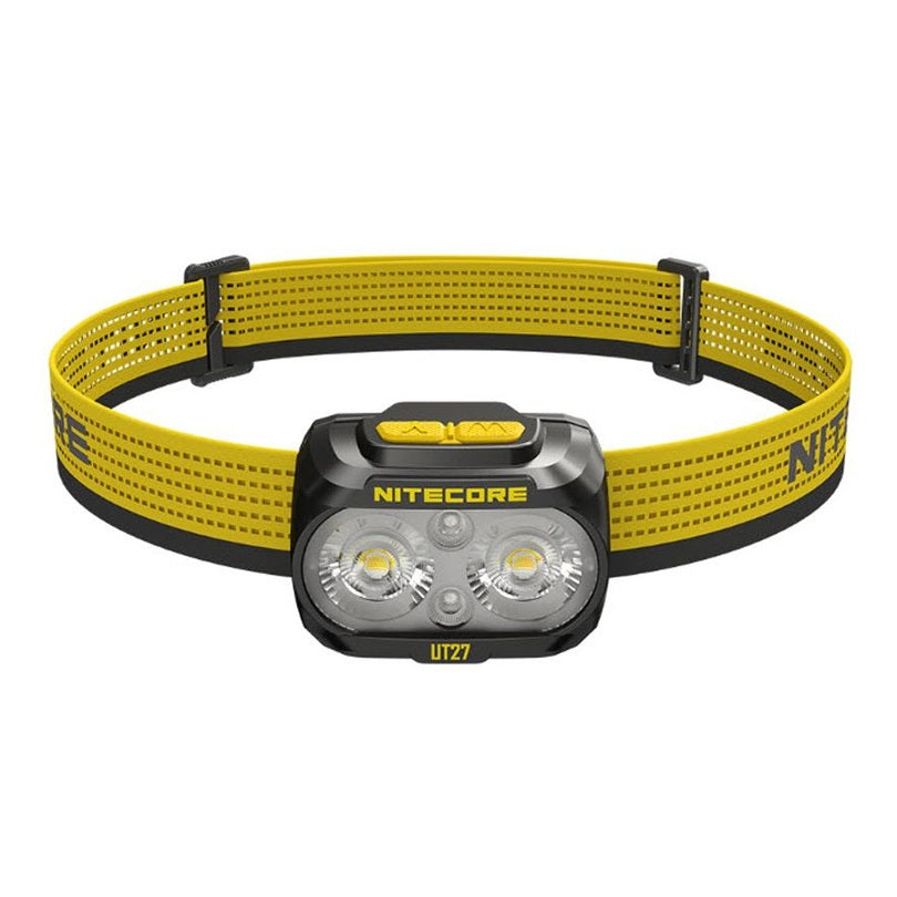 Nitecore UT27 PRO in Schwarz – Vorderansicht mit zwei Linsen und Stirnband