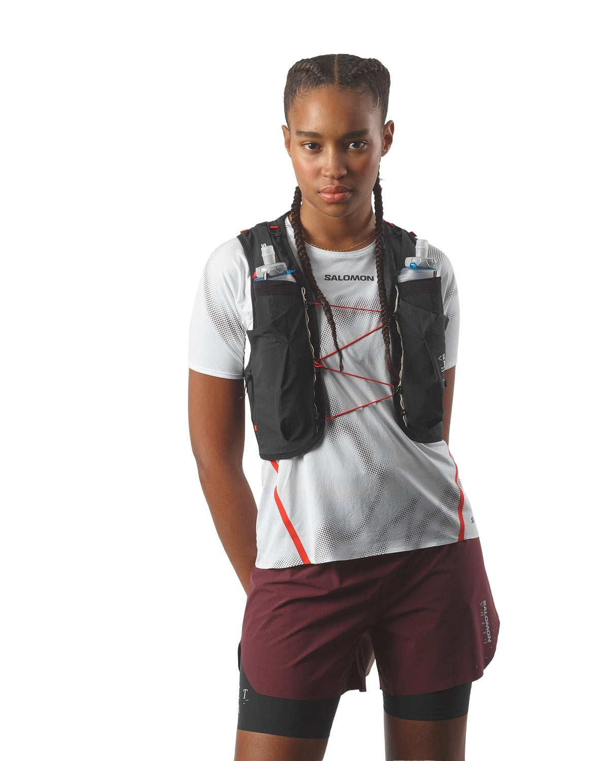 Salomon S/LAB Ultra 10 in black – worn by a female runner, front view